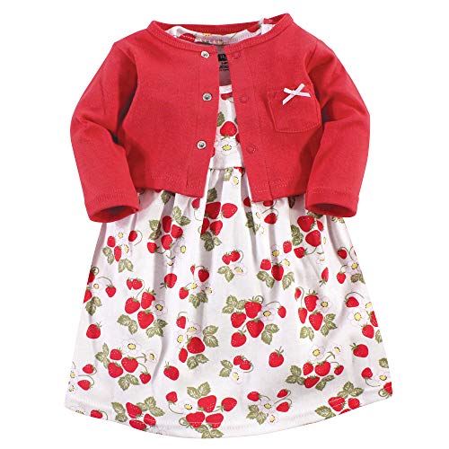 Hudson Baby Girls' Cotton Dress and Cardigan Set, Strawberries, 0-3 Months
