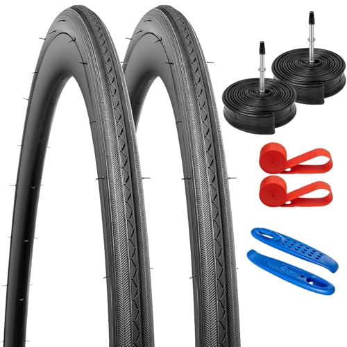 YunSCM 2Pcs Foldable 700C Road Bike Tyres 700x25C Tires 25-622 and 28 inch Inner Tubes AV32mm Valve Compatible with 700 x 25C 700x26C city bikes Bicycle Bike Tyre