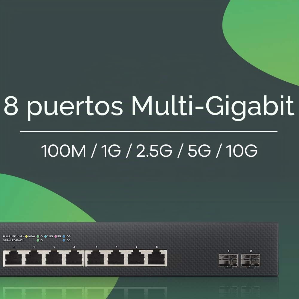 Zyxel Switch de 8 puertos Multigigabit con gestión inteligente NebulaFlex de + 2 puertos de 10G de fibra. [XS1930-10]