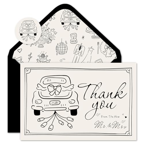 Whaline 24 Pack Wedding Thank You Cards Black The New Mr & Mrs Car Cake Thank You Greeting Note...