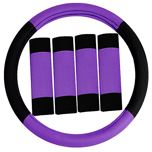 Image of FH Group Steering Wheel Cover and Seat Belt Pad Set - Universal Fit, Modern Design, Anti-Slip, Purple Car Interior Accessory for Cars, SUVs, Vans