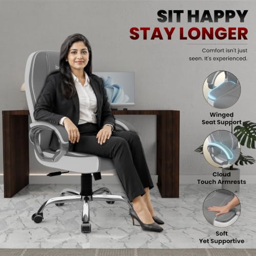 Image of beAAtho Vintage Executive High Back Ergonomic Leatherette Office Chair with 3 Years Warranty | Revolving Director & Boss Seating | Orthopedic Design | White Grey