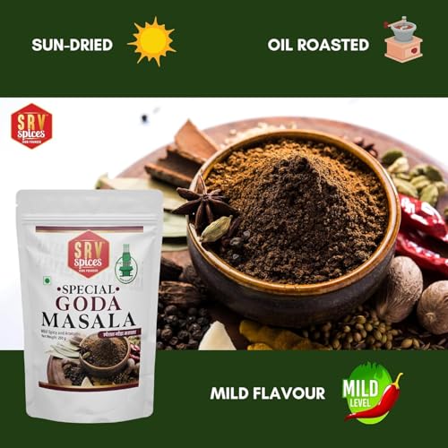 Image of SRV Spices Goda Masala - 100gm | Traditional Maharashtrian spice | Iron Pounded, Sweet Aroma, Preserves Natural Oils | Brahmani Puneri Kala Masala for Dal, Khichdi, Veg Curries & Bhaji