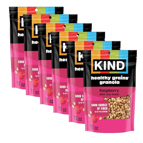 Kind Healthy Grains Granola, Raspberry Clusters with Chia Seeds, Gluten Free, Healthy Snack Mix, 5g Protein, 11oz, 6 Count