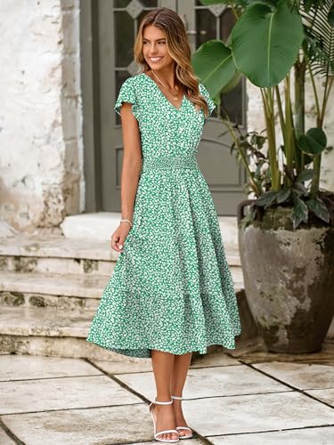 Image of BerryGo Women's Floral Boho Ruffle Summer Midi Dress Short Sleeve V Neck Empire Waist Swing Flowy Dress