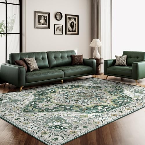 Green Boho Washable Area Rug 5x8 Vintage Rug for Living Room Bedroom Non Slip Low Pile Faux Wool Floor Carpet Farmhouse 5x8 Rug for Dining Room Office, Green/Multi