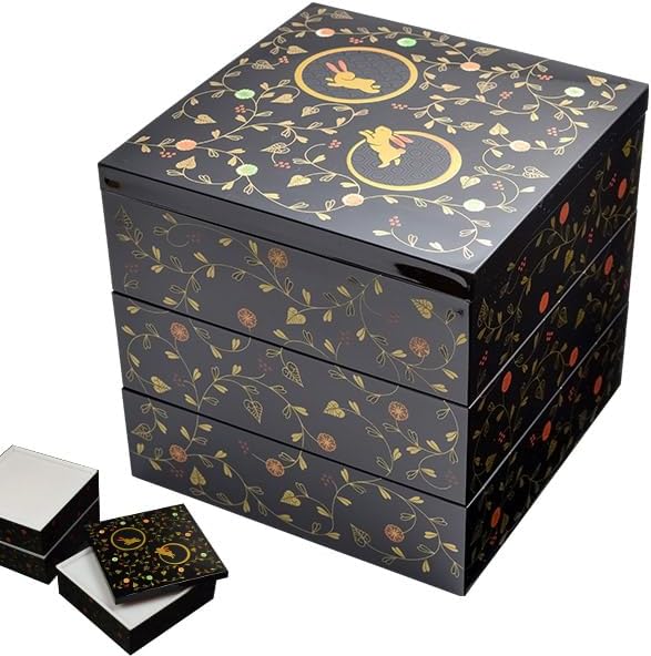 超美品】会津漆器 6.0 三段重共足 花丸 黒 内朱