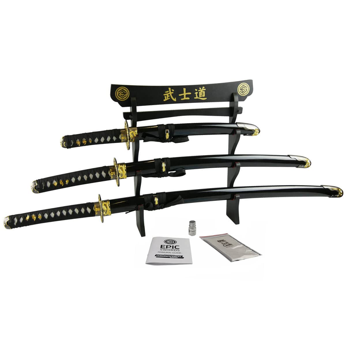 Katana Wakizashi Tanto Black Dragon Samuraischwert Set | Dekorationsschwerter mit stumpfer Klinge - mit Schwertständer und Zubehör