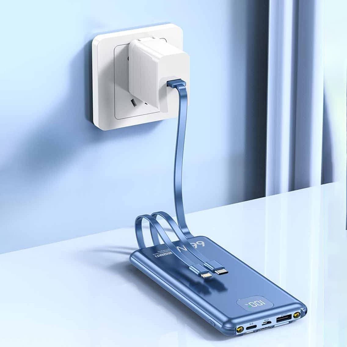 Banco de energía de 20 000 mAh, Cargador portátil con Cables Integrados, USB C, 3 Salidas y 2 entradas, Pantalla LED, Linterna, Cargador de teléfono, Paquete de batería, Azul