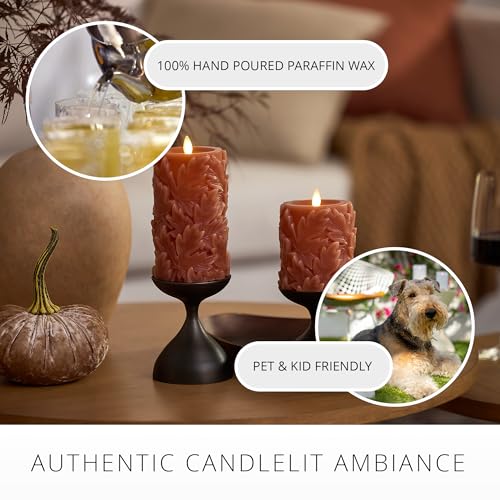 Image of Luminara Flameless Caramel Cafe Embossed Leaves 3.5 inch x 4.5 inch Pillar, Battery Operated & Timer Function, Fall Decorations Indoor Candle Moving Flickering Flame LED Light, Remote Ready (Sold Separately)