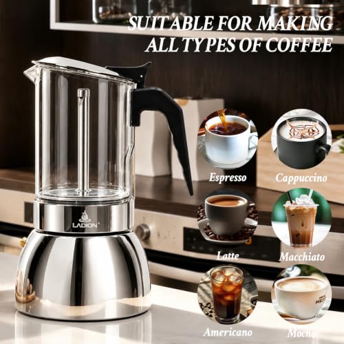 Image of LAOION Stovetop Espresso Maker, 9Cup 360ml Moka Pot, Cuban Coffee Make | Crystal Glass-top & Stainless Steel Coffee Maker Mocha Pot, Greca De Cafe, Cuban and Italian Coffee Maker for Cafetera Cubana