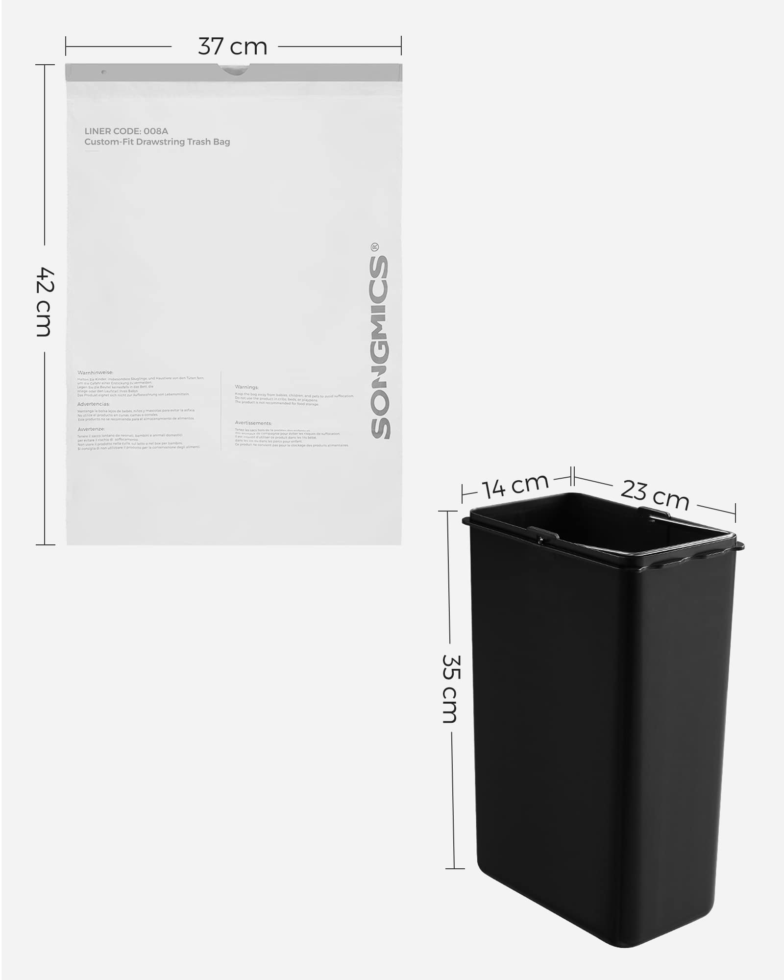 SONGMICS Torba na śmieci 8L, worki na śmieci do sortowania 3 wiaderek 8 l lub kosz na śmieci 5-8 l, kod torby 008A, 2 rolki, 90 toreb, wodoodporna, do kuchni, biała KRB008A02