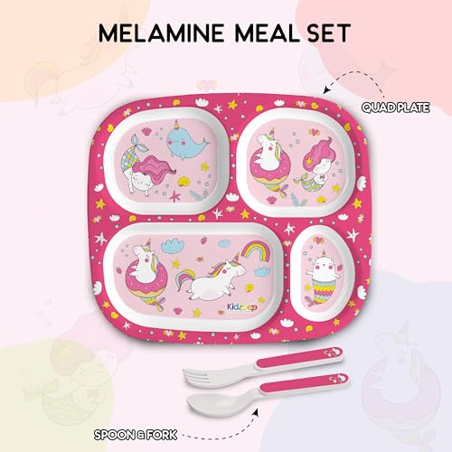 Image of Cello Kidzbee Quadmeal Pink Parade Melamine Meal Set for Kids | BPA Free and Food-Grade Material | Attractive and Kidfriendly Designs | Break Resistant & Durable Set | Set of 3, Pink