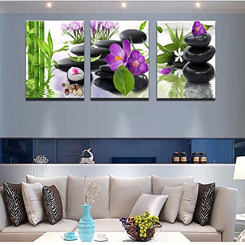 Canvas Wall Art 3 Panel Modern Spa Bamboo Zen Stone Purple Flowers ...