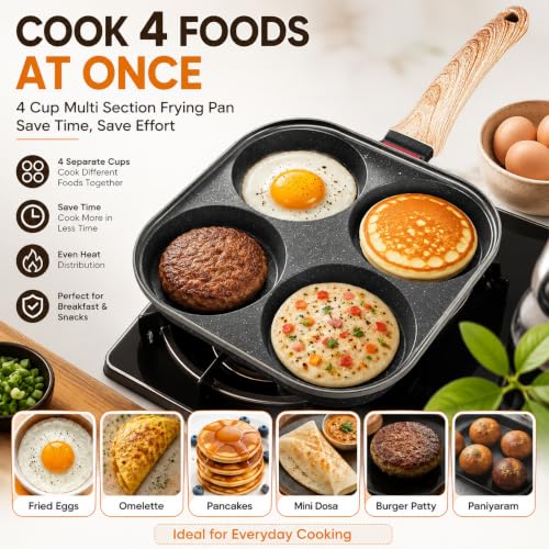 Image of Egg Frying Pan with Glass Lid, Non Stick 4 Hole Omelette Pan, Breakfast Fry Pan for Eggs, Pancakes, Mini Dosa, Burgers, Paniyaram, Induction & Gas Compatible, Wooden Handle, Granite Coating