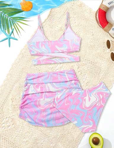 Image of Girls Swimsuits 3 Piece Bathing Suit Allover Printed Criss Cross Bikini Set with Cover Up Skirt Beach Swimwear 7-16 Years