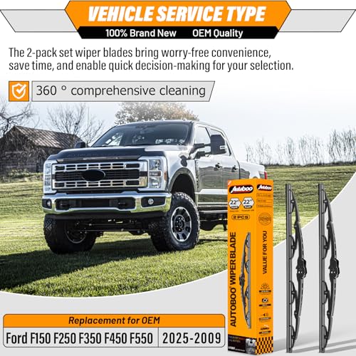 Image of AUTOBOO Windshield Wiper Blade Replacement for Ford F150 F250 F350 | Fits Ford F150 F250 F350 F450 F550 2009-2025, 22 inch+22 inch, 2-pack, OEM quality, all-season performance, easy install