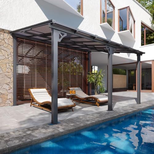 Image of 10x14FT Lean to Gazebo Pergola Patio Pergolas withSloped Roof | Large Wall Mounted Gazebos Heavy Duty Awnings with Galvanized Steel Frame Hardtop Gadern Canopy for Backyard, Deck, Porch