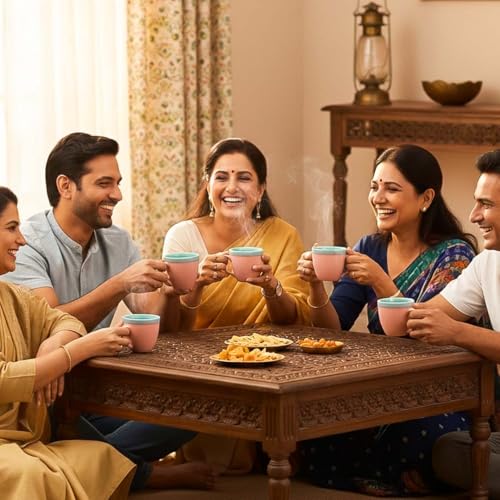 Image of The Earth Store Pink Flow Ceramic Tea Cup Set of 6 for Tea | 220ML Each | Microwave & Dishwasher Safe | Perfect for Every Occasion Chai | Coffee Cups for Home, Office, Gifting & Daily Use