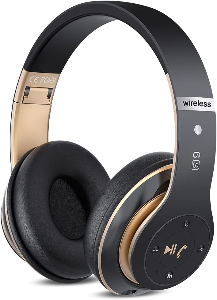 6S Wireless Headphones Over Ear,[40 Hrs Playtime] Hi-Fi Stereo Foldable Wireless Stereo Headsets with Built-in Mic,Volume Control, FM (Black & Gold)