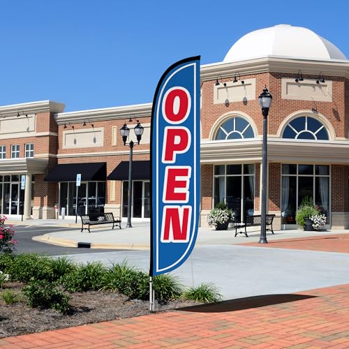 Image of LookOurWay Feather Flag Pole Kit - 12 Feet Tall Advertising Flag Banner with Fiberglass Pole Kit and Ground Spike for Business Promotion - Grand Opening Flags - Open Blue & Red (10M1200107)