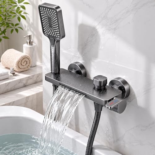 Umisu Robinet de Baignoire Mural avec Douchette, Mitigeur Baignoire avec Douchette à Main, Flexible de Douche 1,5m et Support Intégré, Robinet Cascade 4...