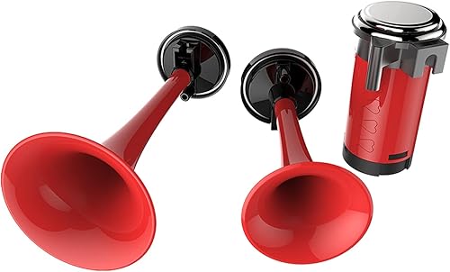 Miniatura 4 de Spec-D Tuning Bocina de aire de doble trompeta roja 115db 12V doble trompeta con kit de compresor
