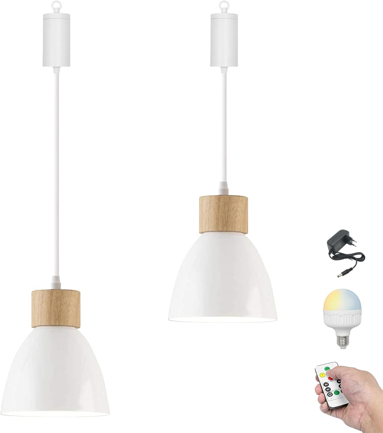 Dimmbare Hängelampe mit Batterie Innen, 2er-Pack Modern Eisen Hängeleuchte Batteriebetriebene Lampe, Pendelleuchte ohne Strom Stromanschluss für Küche Nachttischcafé,Weiß