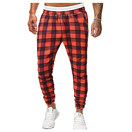 NP rutiga lediga byxor herr medelmidja träningsbyxor, Röd, L