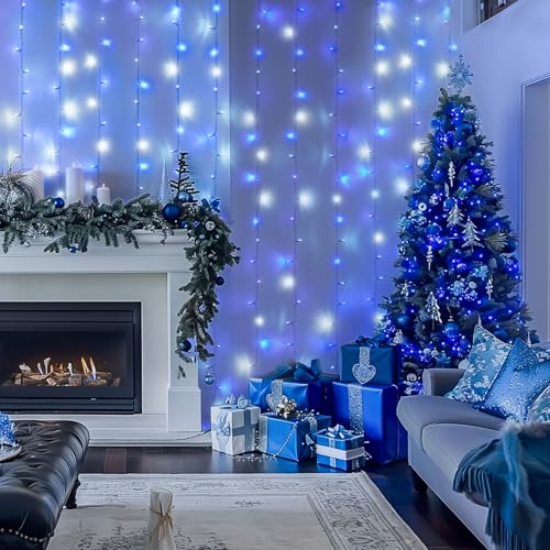 Image of JMEXSUSS 300LED Christmas Curtain Lights Plug in, Blue and White, 9.8x9.8ft