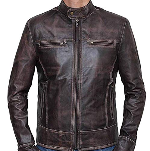SID Mens Military Brown Tough Lambskin Leather Jacket, Biker Jacket, Brown, Small