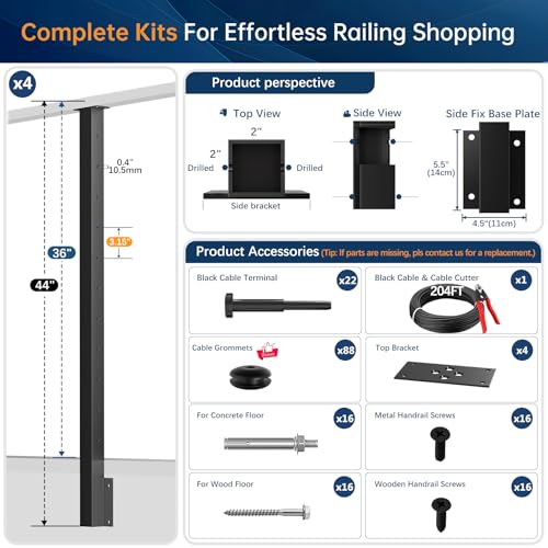 Image of 12-16ft Side Mount Cable Railing Post Kit for 36 inch Deck Level Railing | 4 Pack Space-Saving Level Post Kit, Fascia Mount Deck Posts for Deck DIY Length, T304 Black Posts System for Indoor & Outdoor