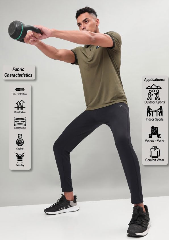 Image of TECHNOSPORT Men's Slim Fit Track Pants with Zip Pockets, ELASTO Plus Quick Dry Stretchable Lightweight Lower for Gym Running Yoga and Sports