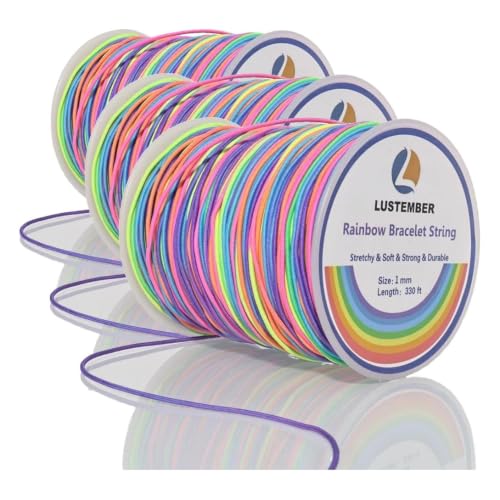 LUSTEMBER 1mm Bracelet String Elastic String, 330 Feet Sturdy Durable Rainbow Elastic Cord for Bracelets, Jewelry Making, Necklaces, Beading and Crafts (Pack of 3)