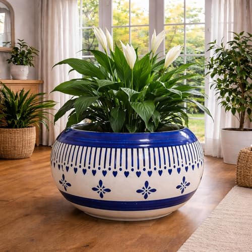 Image of Niyara Large Ball Shape Ceramic Planter Pot with Blue Floral Print | Decorative Indoor & Outdoor Plant Pot (Set of 1)