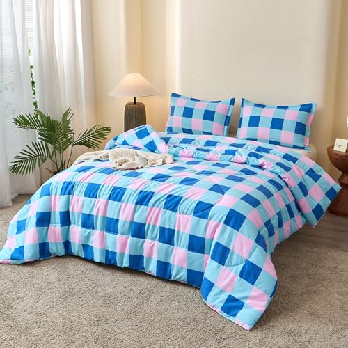 Image of Caressma Comforter Set Blue and Pink Checkered King Size, 3 Pieces Buffalo Grid Comforter Bedding Set, Geometric Checkered Bedding with Pillowshams