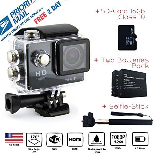 USATREKKER W9 WiFi 12mp 170 Degree 1080p 2 inc LCD Digital Waterproof Car Bike Helmet Sports Action Camera Set (Camera, 16GB Card, Extra Battery, Selfie Stick)