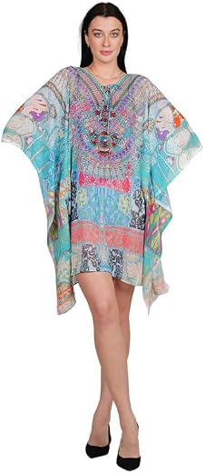 RAVI RAJORIA Women Short Crepe Kaftan Free Size | Multicolor Printed Nightwear Dress