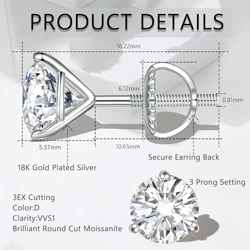 Moissanite Earrings, Screw Back Earrings for Women S925 Sterling Silver Hypoallergenic Earrings 18k Yellow Gold Plated Lab Created Moissanite Earrings D Color Brilliant Round Cut 0.3-3ct3