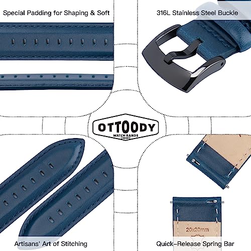 Image of OTTOODY Leather Watch Bands Quick Release, Elegant Top Grain Leather Watch Straps for Men & Women, Choice of Color & Width - 18mm, 19mm, 20mm, 21mm or 22mm Wristbands Bracelet for Watch & Smartwatch