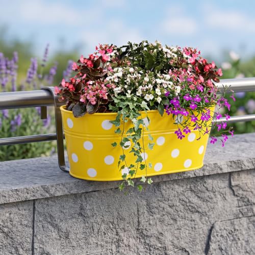 Image of TrustBasket Dotted Oval Railing Planters Basket - Yellow (Set of 5) | Heavy-Duty UV Stabilized Metal Flower Pots for Railings, Fence & Balcony, Indoor Outdoor Herb, Flower & Decorative Plants