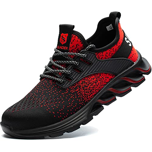 SUADEX Zapatos de seguridad para hombre y mujer, ligeros, con puntera de acero, deportivos, transpirables, con puntera de acero, rojo, 43 EU Cover