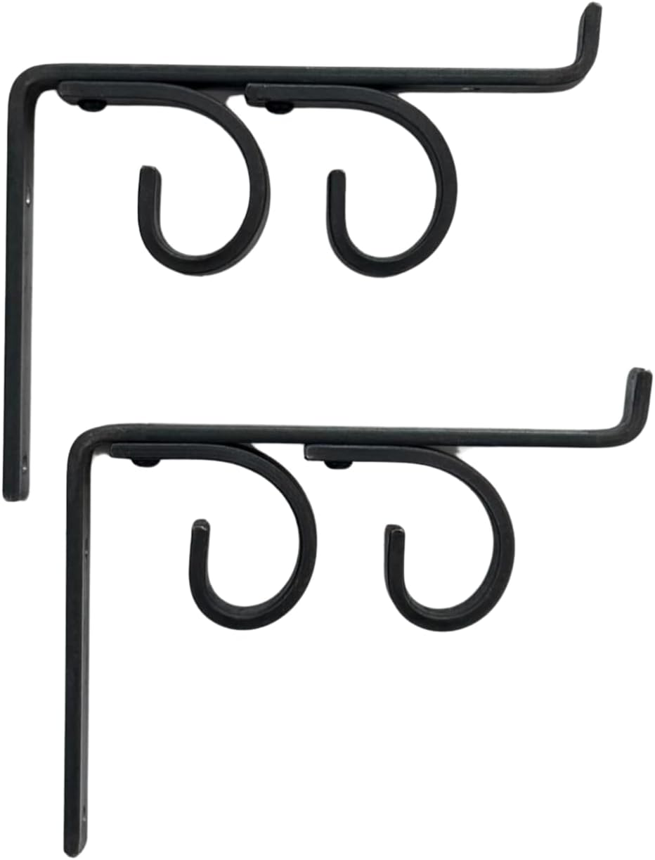 MKsteelco double curtain rod shelf brackets handmade - heavy duty above window bracket, wall rod support, blinds & shelves & rods holder, black decorative iron dowel supports (6" deep brackets)