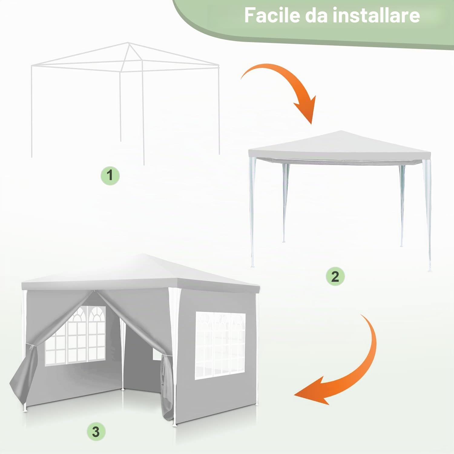 Gazebo da giardino, 3 x 3 m, impermeabile, resistente ai raggi UV, 100 g/m², in polietilene di alta qualità, con 4 pannelli laterali, colore bianco