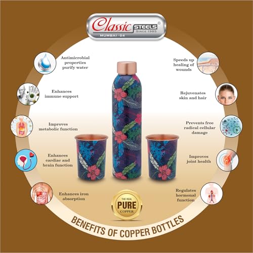 Image of Classic Steels Elegant Ethnic Green Copper Water Bottle Set with 2 Glasses - 1L Capacity | Best Gift For Diwali, Wedding Anniversary And All Other Occasions. (Blue Floral Copper Bottle Set)