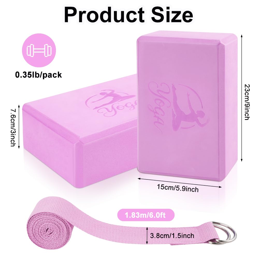 Lot de 2 blocs de yoga et 2 sangles de yoga - Blocs de mousse EVA antidérapants - Briques de yoga haute densité avec sangle de 6 m - Accessoire de yoga sans latex pour pilates