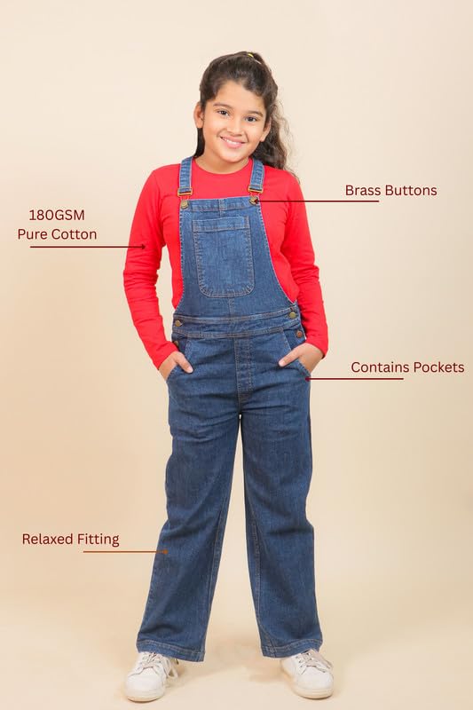 Image of Tweeny Mini Girls Pure Cotton Denim Dungaree With T-Shirts for Kids | Relaxed Fit Full Length Overall Outfit with Pockets | Adjustable Straps