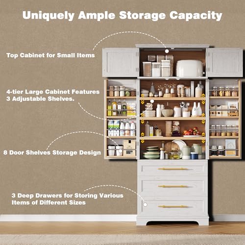 Image of Ball & Cast 78″Tall Farmhouse Kitchen Pantry Cabinet with 8 Door Shelves & 3 Large Drawers,Versatile Pantry Storage Cabinet w /3 Adjustable Shelves for Kitchen,Dining Room,Retro White