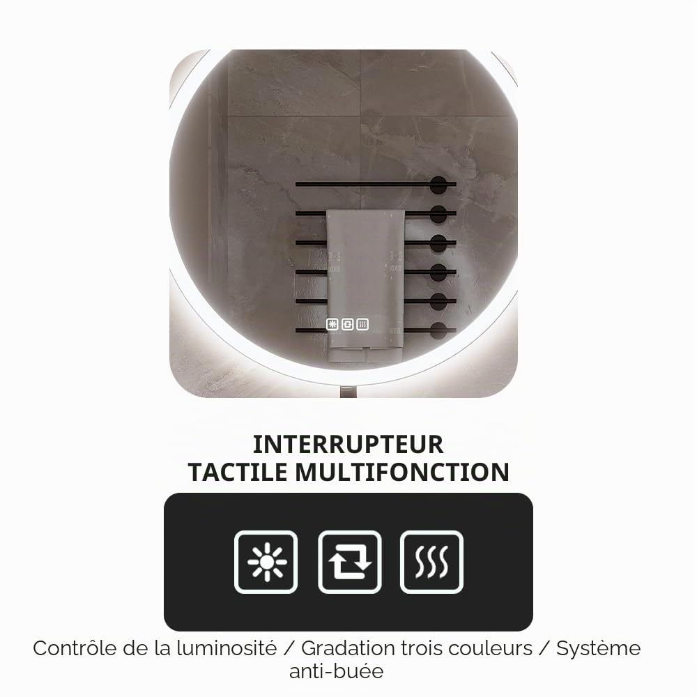 Miroir LED 60x 60cm,Rond,antibuée,intensité Variable 3 Couleurs,éclairage Avant et arrière,IRC 90+,IP44 Verre Trempé HD Miroir-Mural,Bouton Tactile, Horizontal/Vertical.