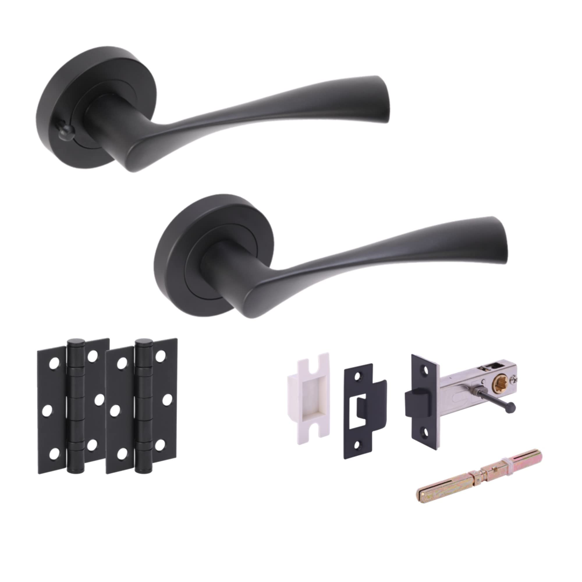 Hunta HANDLEZONE® Zena Privacy Door Handle Latch Pack, Complete with Lever On Rose Handles, Latch, Ball Bearing Hinges - Black Matt — image 1
